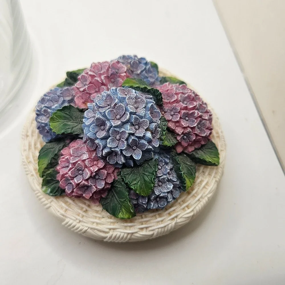 Vintage Glass Canister Jar Hydrangea Floral Resin Lid Cottagecore 8